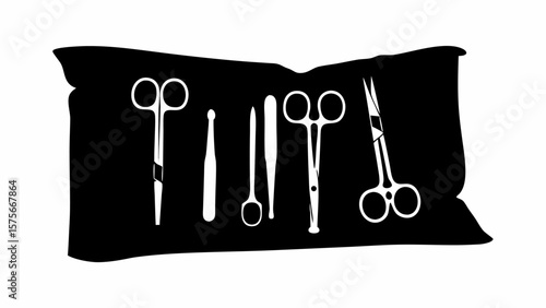 Silhouette illustration of surgical instruments including scissors and forceps on black background