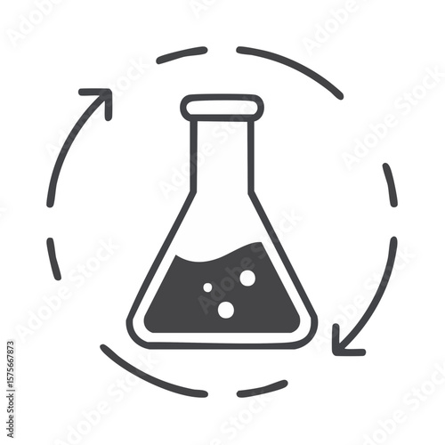 Laboratory flask icon with liquid and circular arrow for science research and chemistry