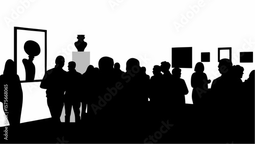 Silhouetted figures viewing artwork in an art gallery with sculptures and framed paintings on display