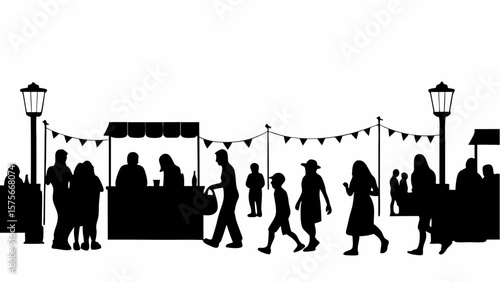 Silhouette of people walking around market stalls with bunting and street lamps on a white background