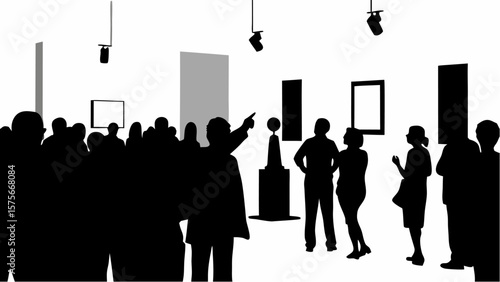 Silhouette of a crowd of people in an art gallery viewing paintings and a sculpture with spotlights above