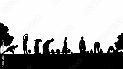 Silhouettes of people in various yoga poses in a landscape with trees and small bushes against white 100