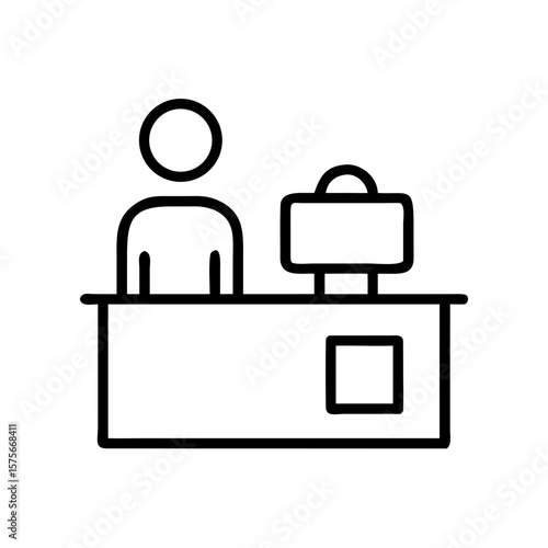Line drawing of person at check-in counter in minimal style  