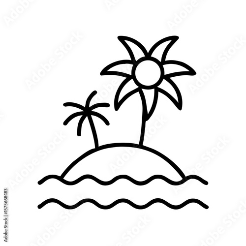 Island with palm trees and sun in a simple line art style  