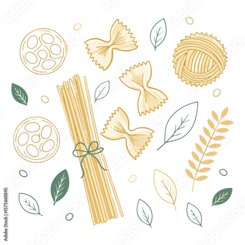 Assorted Italian Pasta Shapes with Herbs Hand-Drawn Vector Set