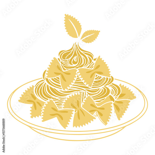 Delicious Farfalle Pasta in Plate Yellow Monochrome Vector Art