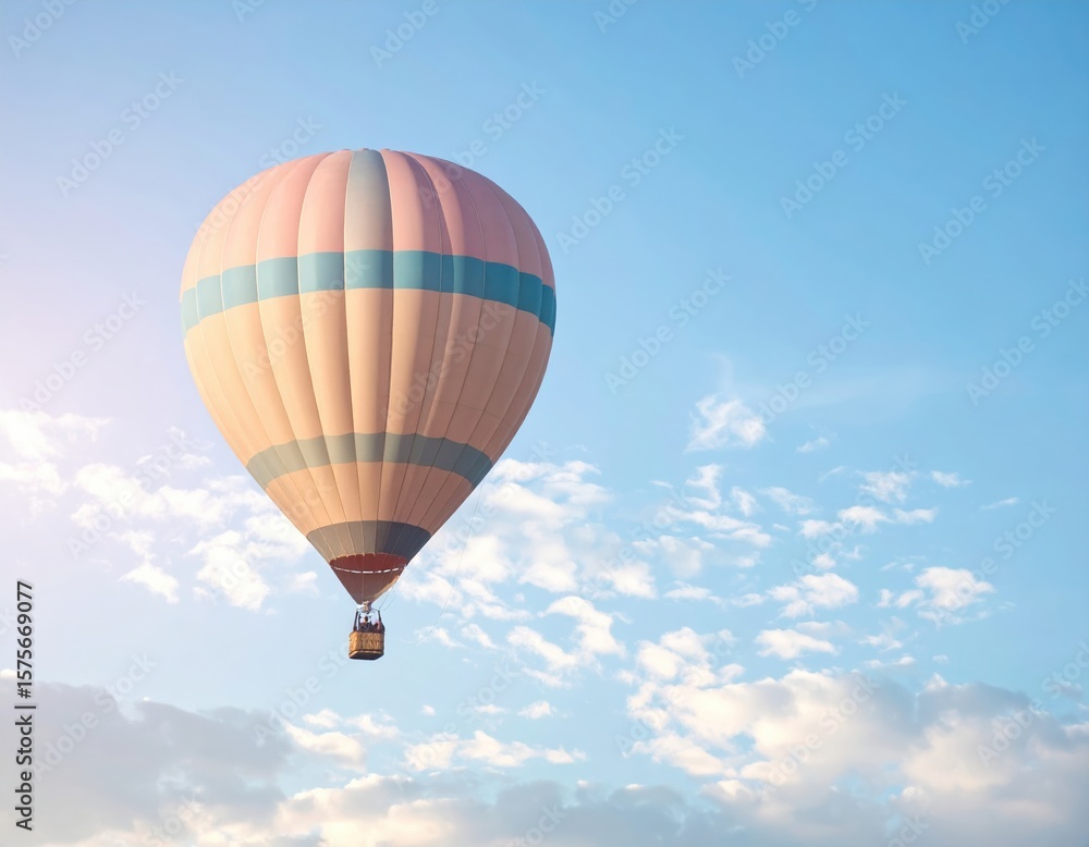 Naklejka premium Colorful hot air balloon soaring through a clear blue sky, with soft clouds in the background, creating a serene and uplifting atmosphere for adventure seekers