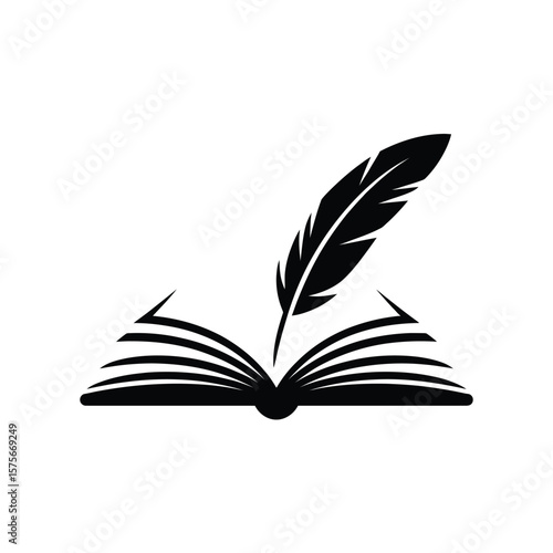 Classic black silhouette of an open book with a quill pen resting on its pages