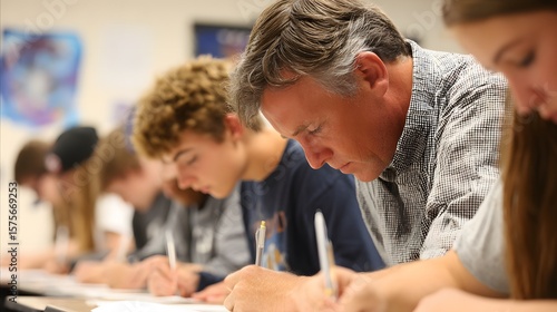 Students of all ages sit at desks in an educational institution and write exams.