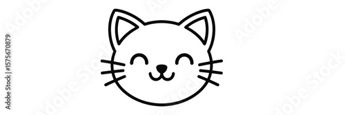 Cute cartoon cat face with closed eyes and whiskers in simple line art style