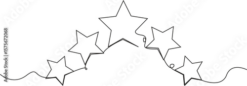 Continuous one line composition with stars. Hand drawing continues one single line. Vector stock illustration isolated on transparent background for invitation, card, presentation, frame or border.