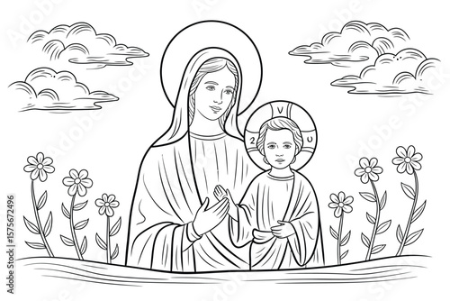 Religious line art of mother mary holding baby jesus with flowers and clouds