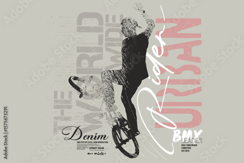graffity bicycle sloganTee, BMX t-shirt Graphics. graffity slogan tees, with bicycle illustration art tees, Rider slogan graphic, Urban typography hipster street art for tees.eps8