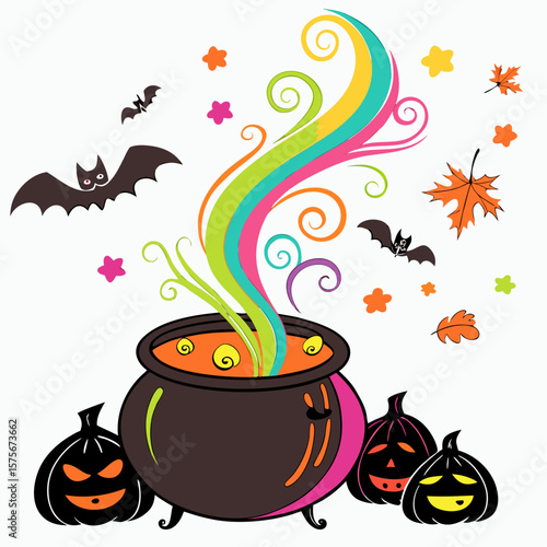 Whimsical halloween cauldron with colorful smoke bats and pumpkins