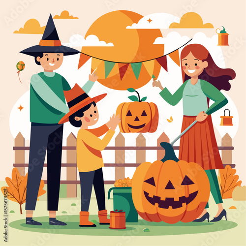 Family happily carving pumpkins together for halloween celebration outdoors