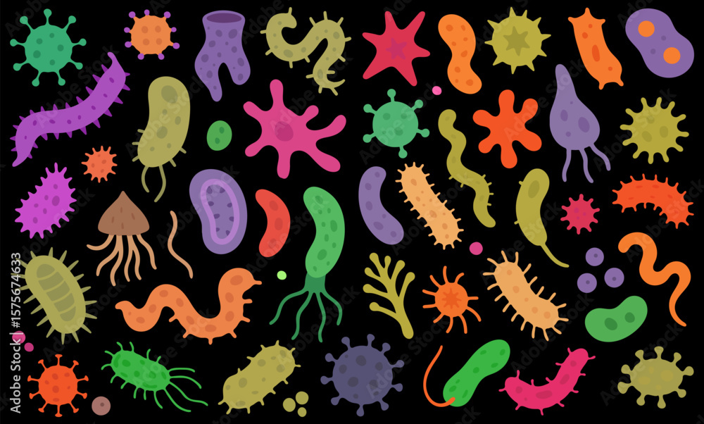 Obraz premium Seamless Pattern of Cartoon Germs and Bacteria