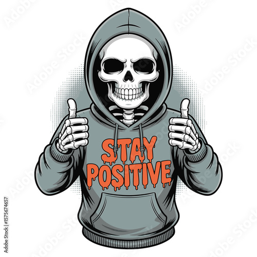 A smiling skeleton with a “Stay Positive” slogan to brighten your day. Vector illustration design