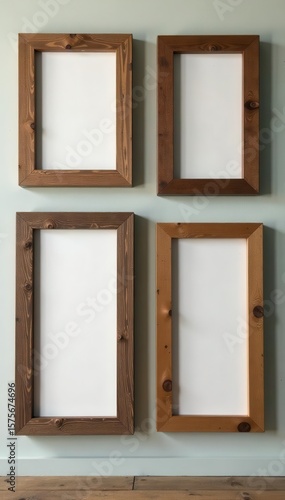 Four square wooden picture frames, various sizes, rustic style , shadow, display