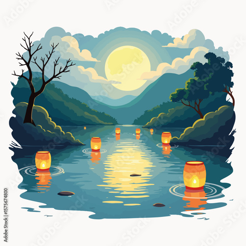 Floating lanterns drifting over calm river celebrate Mid-Autumn Festival under full moon reflection. Floating lanterns are traditional for the moon festival with family reunion and night celebration.