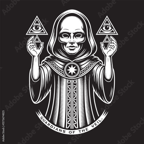 A skeleton dressed in robes holding a triangle with glowing eyes in a mystical design. Vector illustration.
