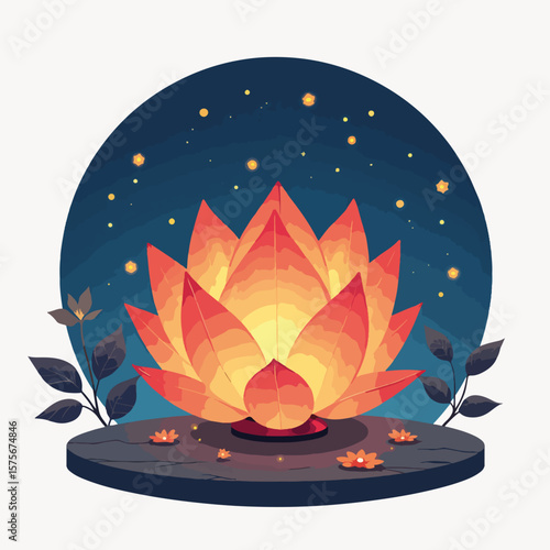 Lantern shaped like a lotus flower glowing at night, casting soft shadows. Mid-Autumn Festival celebration features a traditional lantern shaped like a lotus flower,