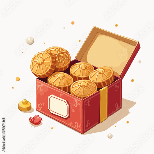 Open box of mooncakes with golden ribbon and festive label, celebrating mid-autumn festival. Open box of mooncakes features traditional sweets, cultural event,