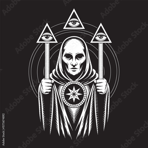  A minimalist black-and-white skeleton with symbolic triangles in hand. Vector illustration design