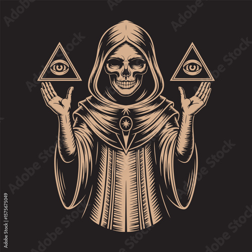  A minimalist black-and-white skeleton with symbolic triangles in hand. Vector illustration design