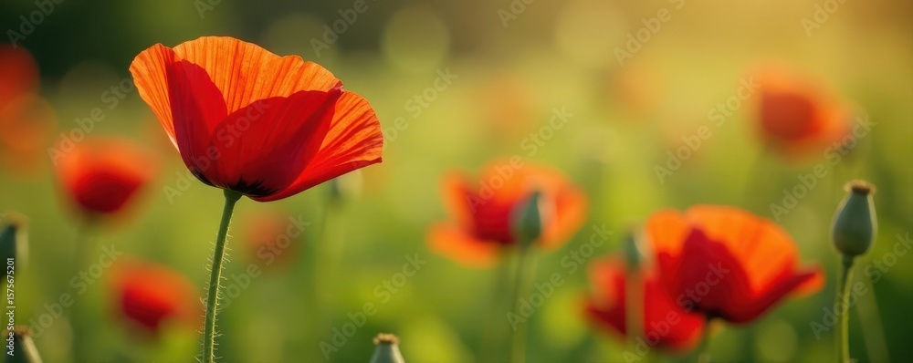 Fototapeta premium Red poppy in vibrant nature scene, ample copy space , element, nature