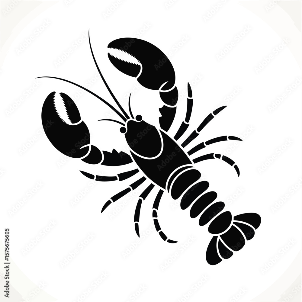 Obraz premium Black silhouette of a lobster with claws and segmented tail on a white background