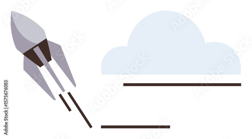Rocket ascending with smoke trail, thin cloud nearby suggests innovation, growth, exploration. Ideal for startup, technology, future, space ambition potential success concepts. Simple flat