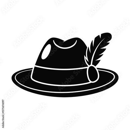 Black silhouette of a fedora hat adorned with a feather and band