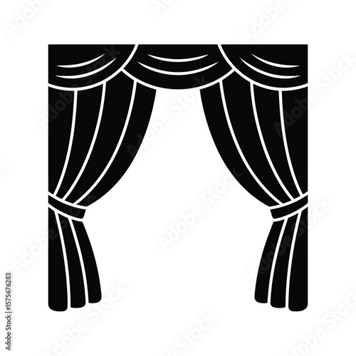 Elegant black and white illustration of stage curtains opening to reveal a space
