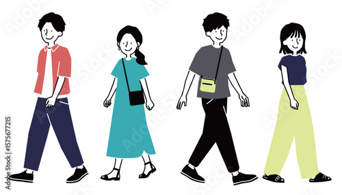 カジュアルな服装の歩く男女のイラスト