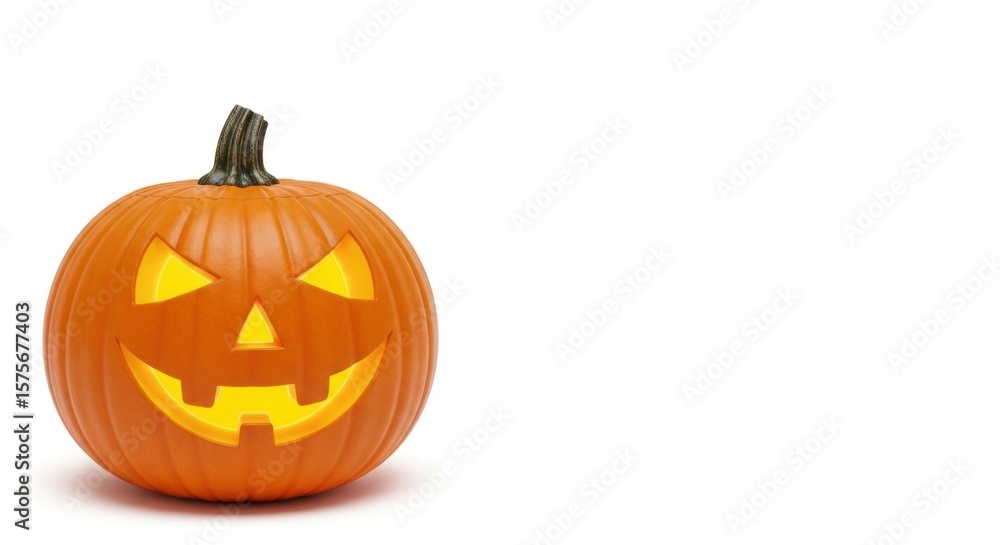 Illuminated halloween pumpkin lantern with carved smile on white background. Scary trick or treat jackolantern decoration for October. Illuminated halloween pumpkin lantern with carved smile on white background. Scary trick or treat jackolantern decoration for October.