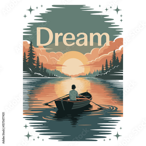 Man rowing on a calm lake surrounded by dreamy sunset colors and pine trees. Vector illustration design