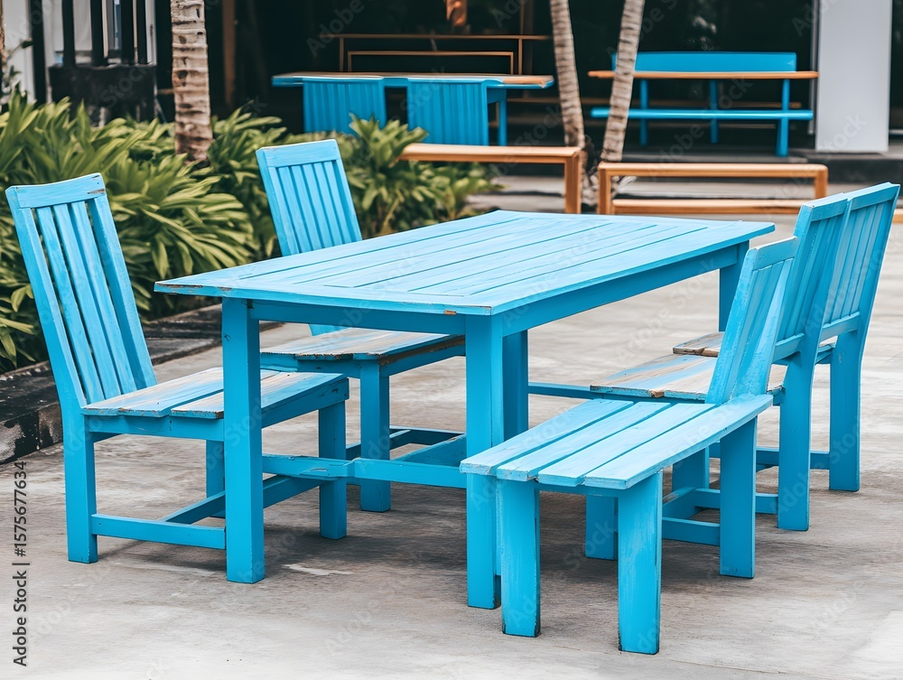 Obraz premium Outdoor Blue Wooden Table Set Patio Furniture