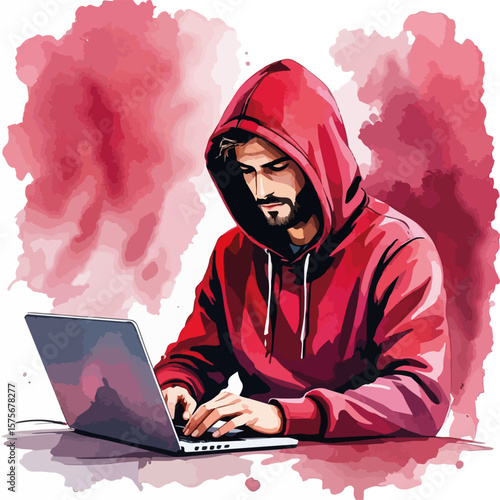 Man in red hoodie working on laptop, representing cybersecurity risks and digital threats. Man in hoodie at computer portrays threat actor, illustrating risks in online environment.
