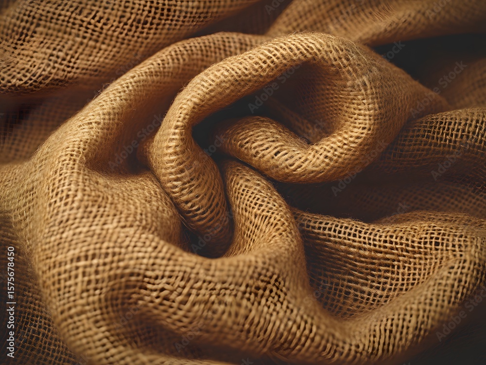 Fototapeta premium Textured Brown Burlap Fabric Background, Rustic Jute Material, Close Up Swirled Texture