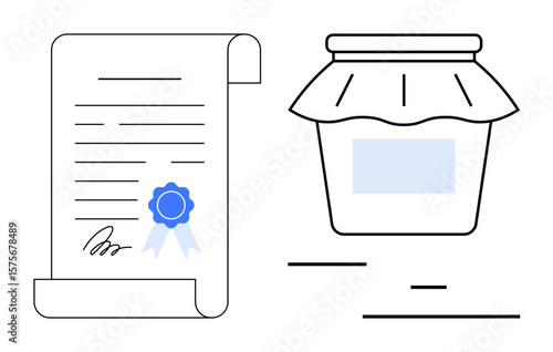 Certificate featuring a seal and signature alongside a jar with a cloth cover. Ideal for trust, certification, authenticity, approval, quality assurance, branding, and a simple landing page