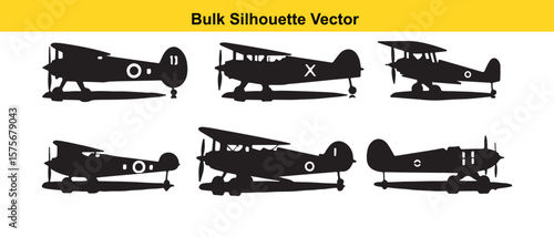 Bulk Silhouette Vector of Vintage Biplanes, Black and White Graphics