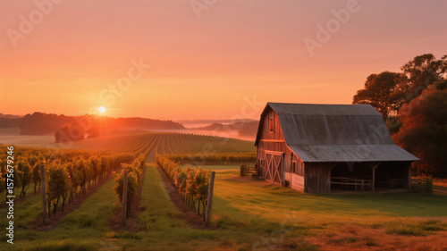a charming rural scene at sunrise or sunset, with the main focus on a barn and vineyard.