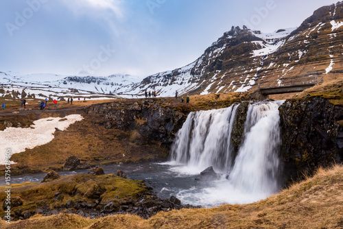 Kirkjufell mountain and the kirkjufellfoss waterfall at grundarfjordur at Snaefellsnes peninsula Iceland