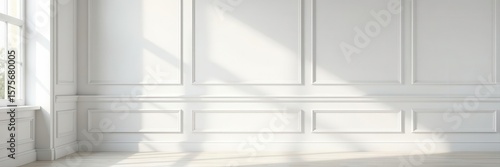 Clean white wall with elegant wainscoting paneling , mockup, vertical, white