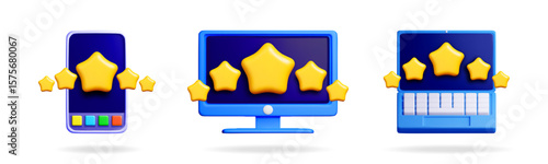 Five golden stars over smartphone, computer monitor, and laptop. Concept of quality rating, customer feedback, and online review system.