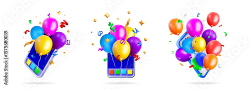 Colorful balloons fly out from mobile phone with confetti. Online celebration, party app, digital event, or greeting card concept.