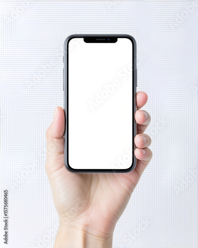 Hand holding a smartphone with a blank screen