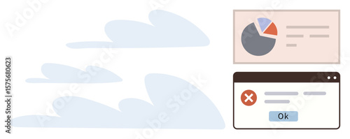 Cloud elements, a data chart, and an error alert window symbolize data management, cloud services, analytics, error resolution, digital systems, UIUX design, and troubleshooting in a simple flat