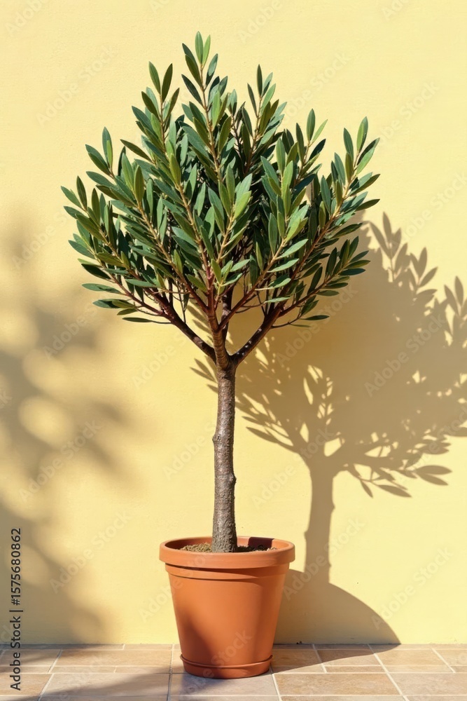 Fototapeta premium Potted olive tree casts gentle sunlight shadows on beige wall, leaves, apartment