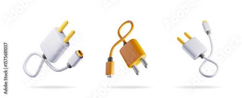 Three 3d cartoon power plug charger for phone, digital device or electric grid connection. Cute modern render for network symbol.